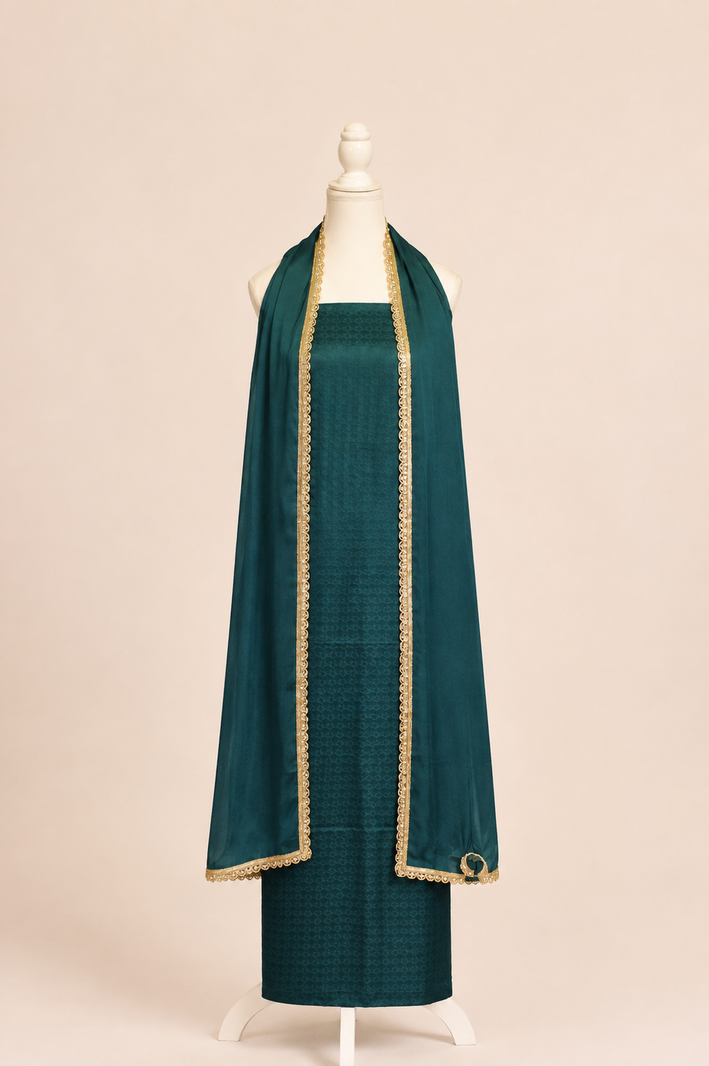 Pure handloom mashru silk self woven kurta, matching crepe bottom & chiffon dupatta with lace- Bottle green
