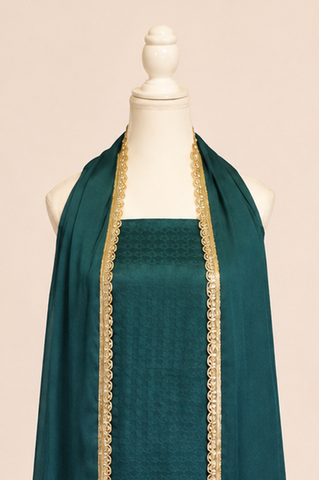 Pure handloom mashru silk self woven kurta, matching crepe bottom & chiffon dupatta with lace- Bottle green