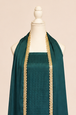 Pure handloom mashru silk self woven kurta, matching crepe bottom & chiffon dupatta with lace- Bottle green