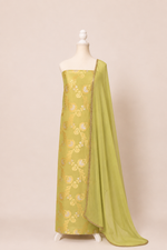 Pure munga silk brocade work kurta, matching crepe bottom & chiffon dupatta with lace-Lime green