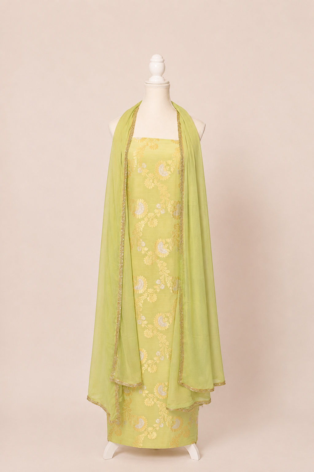Pure munga silk brocade work kurta, matching crepe bottom & chiffon dupatta with lace-Lime green