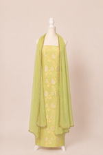 Pure munga silk brocade work kurta, matching crepe bottom & chiffon dupatta with lace-Lime green
