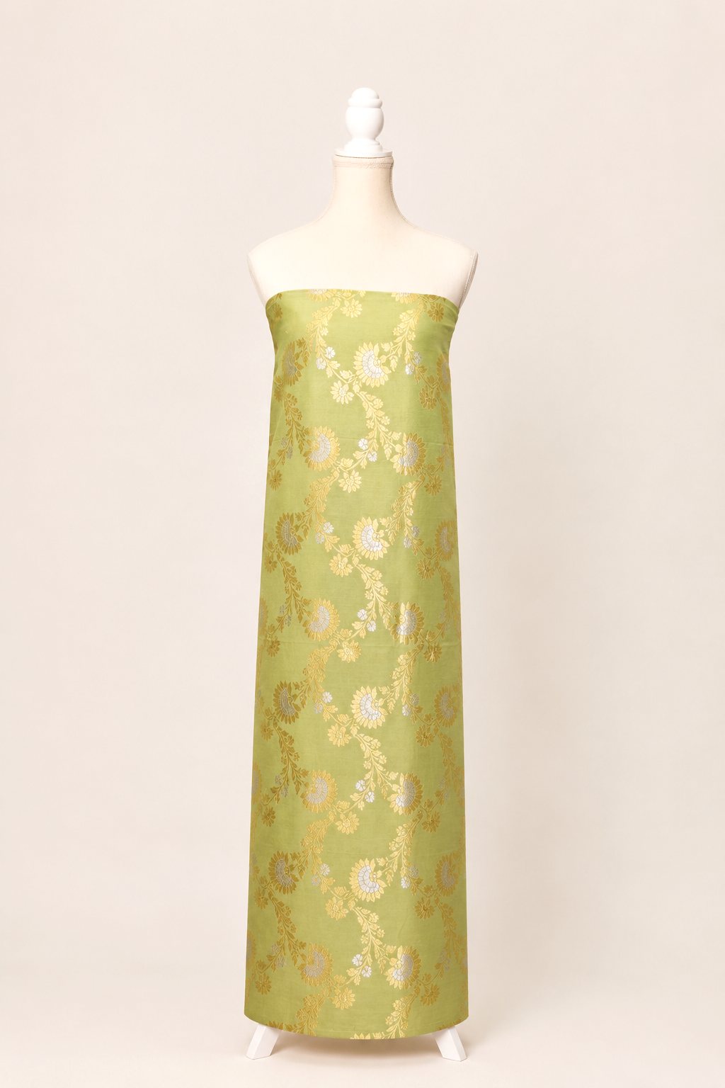 Pure munga silk brocade work kurta, matching crepe bottom & chiffon dupatta with lace-Lime green