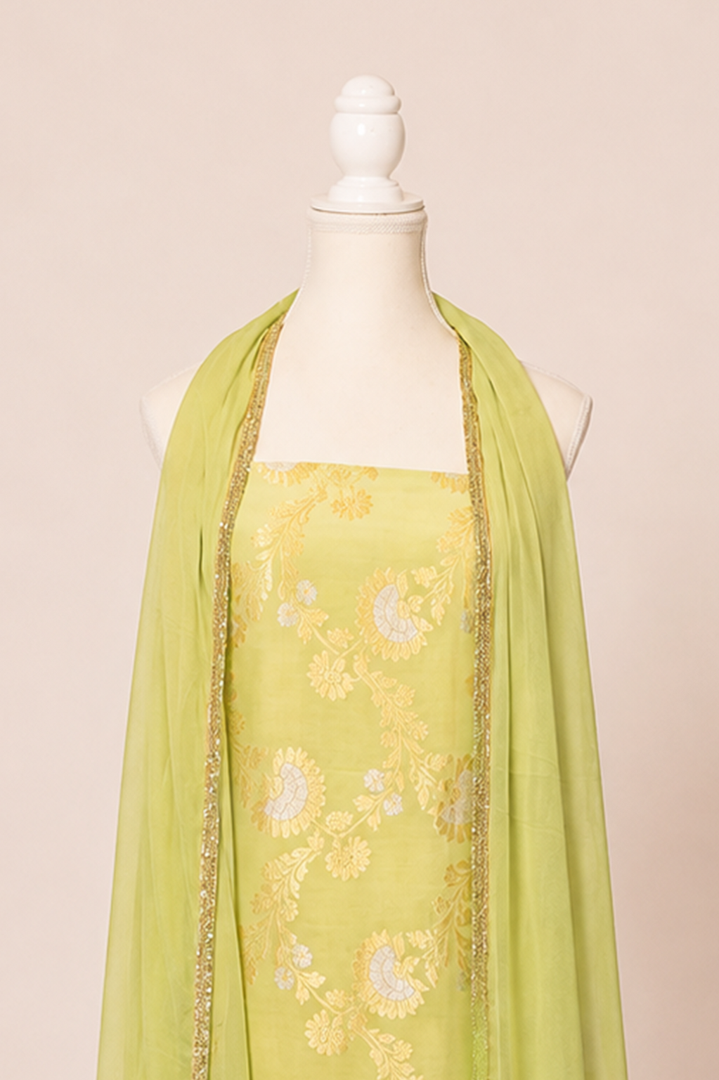 Pure munga silk brocade work kurta, matching crepe bottom & chiffon dupatta with lace-Lime green