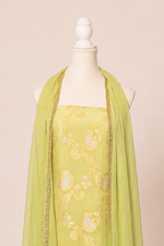 Pure munga silk brocade work kurta, matching crepe bottom & chiffon dupatta with lace-Lime green
