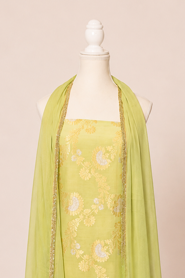 Pure munga silk brocade work kurta, matching crepe bottom & chiffon dupatta with lace-Lime green
