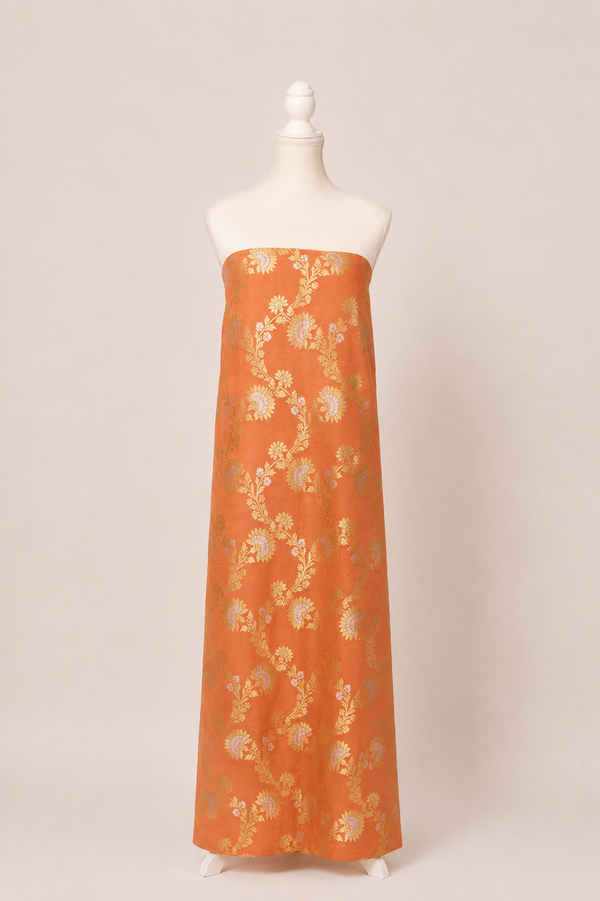 Pure munga silk brocade work kurta, matching crepe bottom & chiffon dupatta with lace-Rust orange
