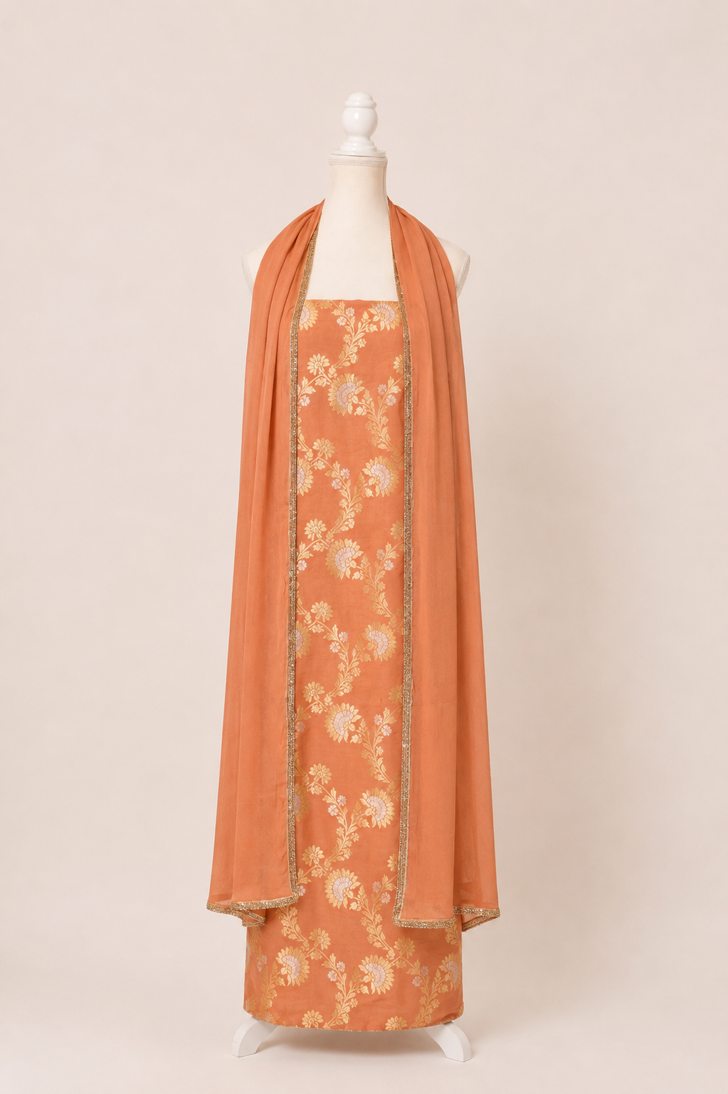Pure munga silk brocade work kurta, matching crepe bottom & chiffon dupatta with lace-Rust orange