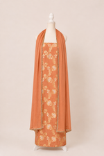 Pure munga silk brocade work kurta, matching crepe bottom & chiffon dupatta with lace-Rust orange