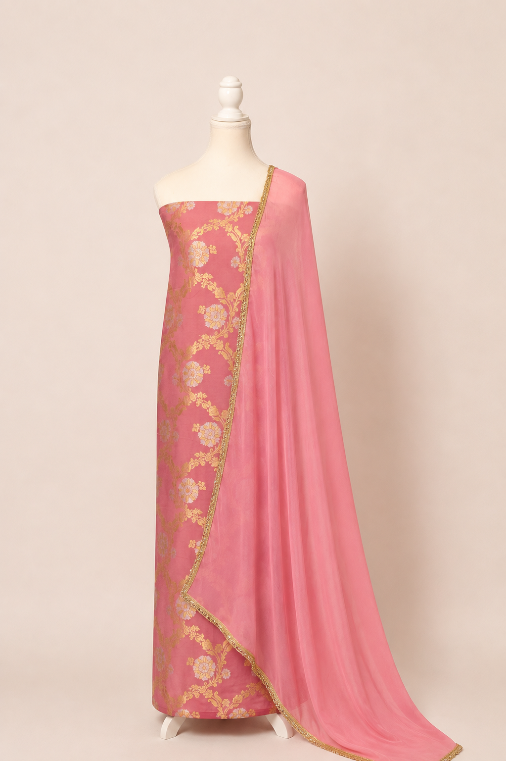 Pure munga silk brocade work kurta, matching crepe bottom & chiffon dupatta with lace-Lavender