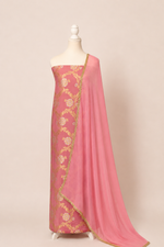 Pure munga silk brocade work kurta, matching crepe bottom & chiffon dupatta with lace-Lavender