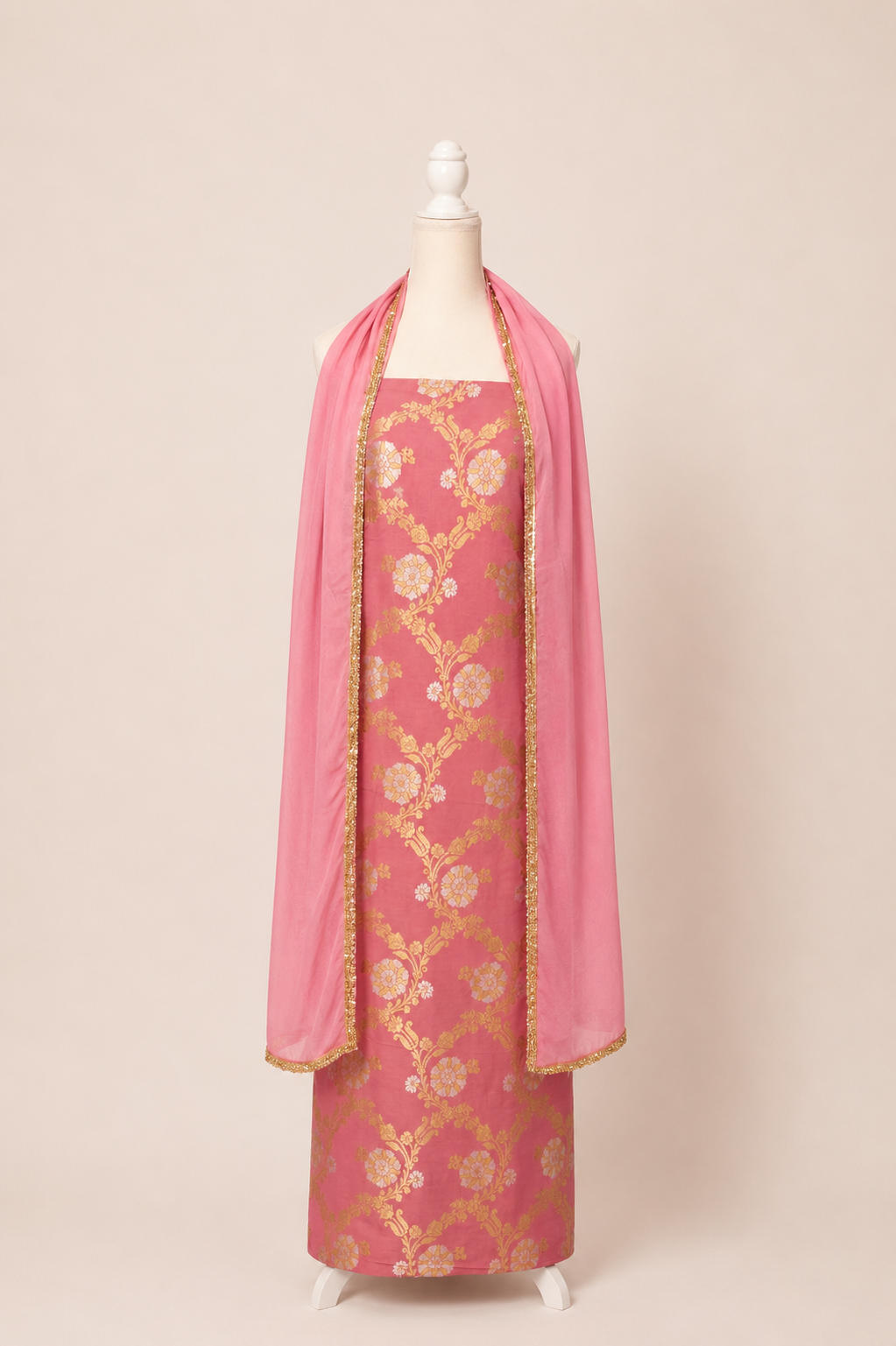 Pure munga silk brocade work kurta, matching crepe bottom & chiffon dupatta with lace-Lavender