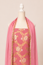 Pure munga silk brocade work kurta, matching crepe bottom & chiffon dupatta with lace-Lavender