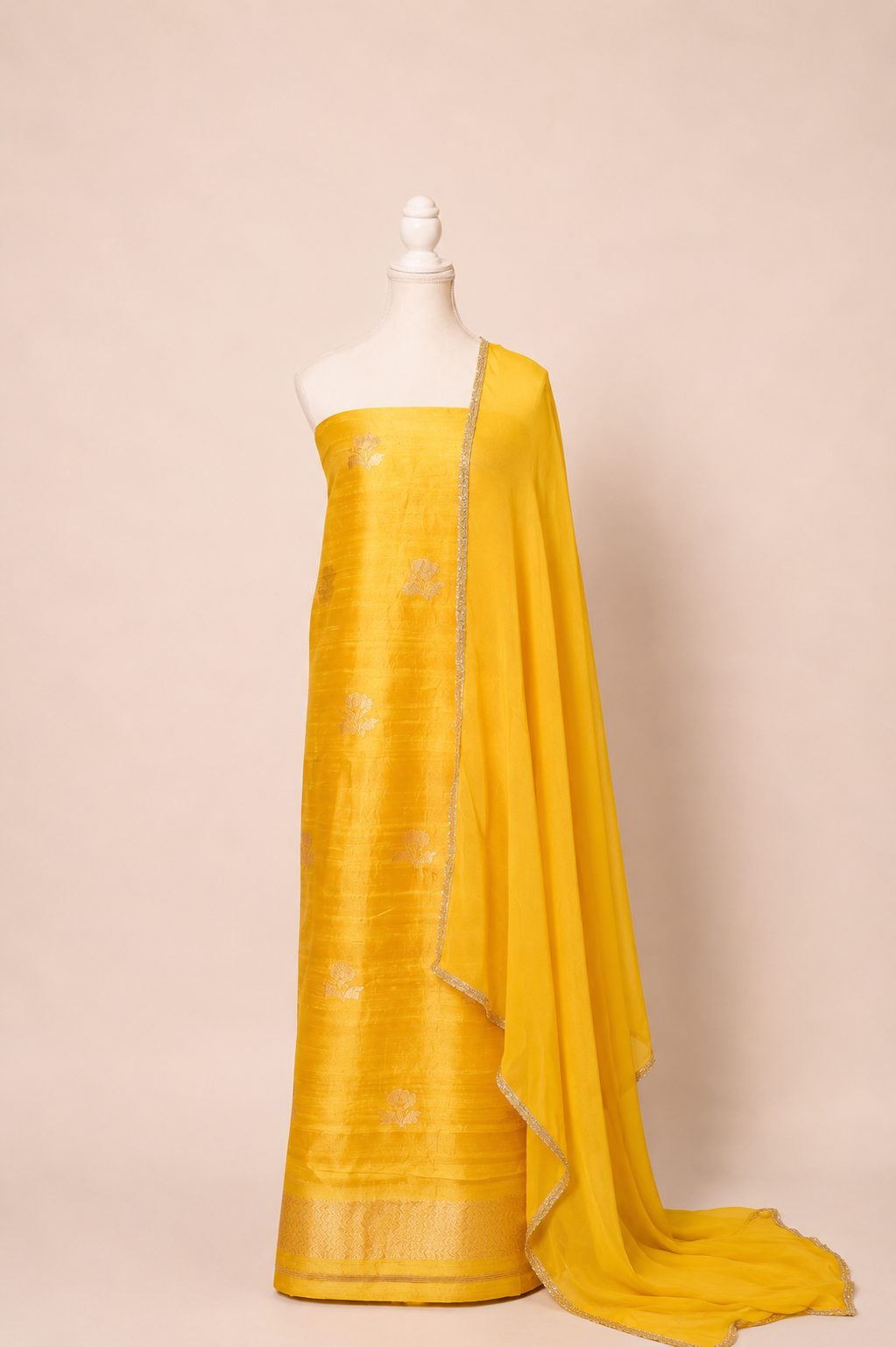 Pure tussar silk kurta with kadwa weaving,matching crepe bottom & chiffon dupatta with lace-golden yellow