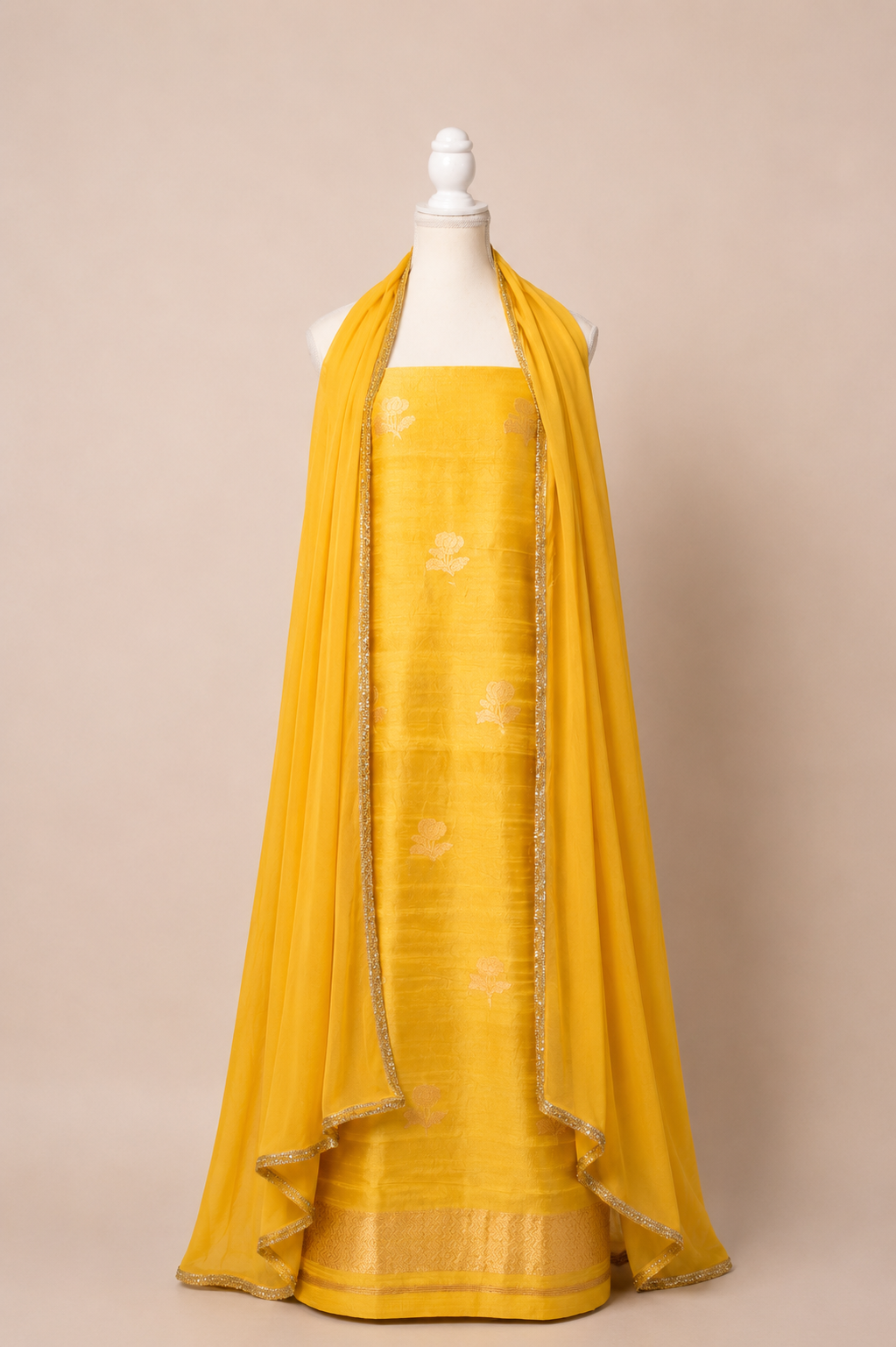 Pure tussar silk kurta with kadwa weaving,matching crepe bottom & chiffon dupatta with lace-golden yellow