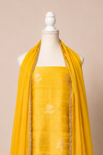 Pure tussar silk kurta with kadwa weaving,matching crepe bottom & chiffon dupatta with lace-golden yellow