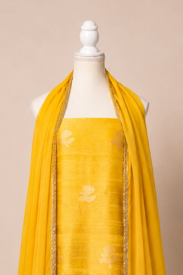 Pure tussar silk kurta with kadwa weaving,matching crepe bottom & chiffon dupatta with lace-golden yellow