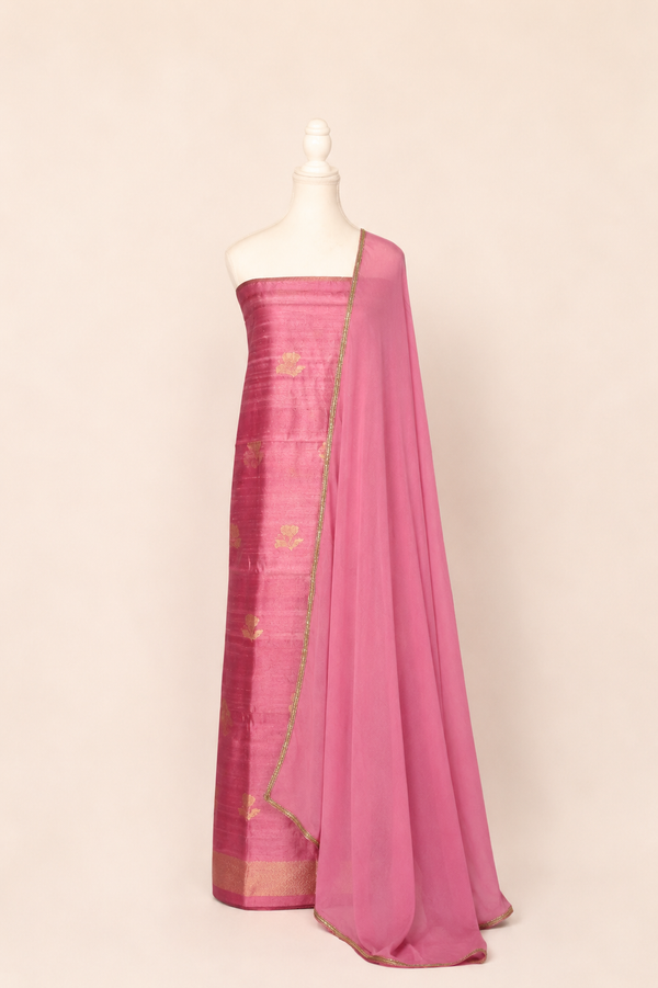 Pure tussar silk kurta with kadwa weaving,matching crepe bottom & chiffon dupatta with lace-soft pink