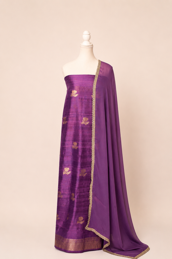 Pure tussar silk kurta with kadwa weaving,matching crepe bottom & chiffon dupatta with lace-Magenta