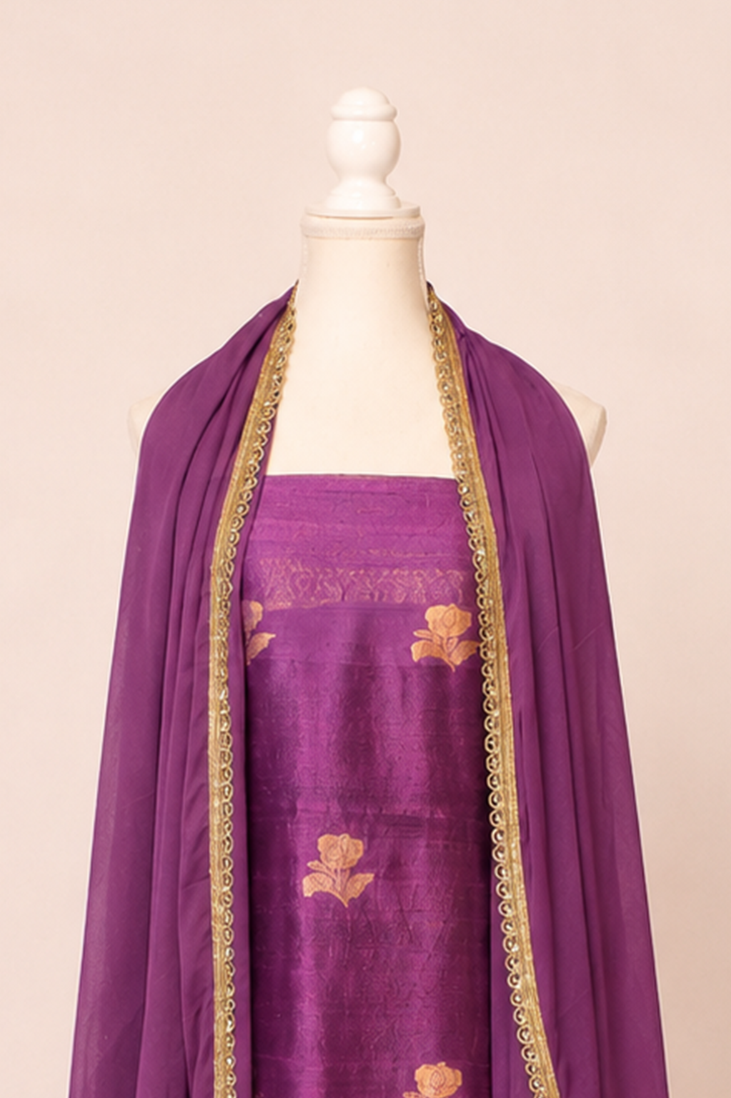 Pure tussar silk kurta with kadwa weaving,matching crepe bottom & chiffon dupatta with lace-Magenta