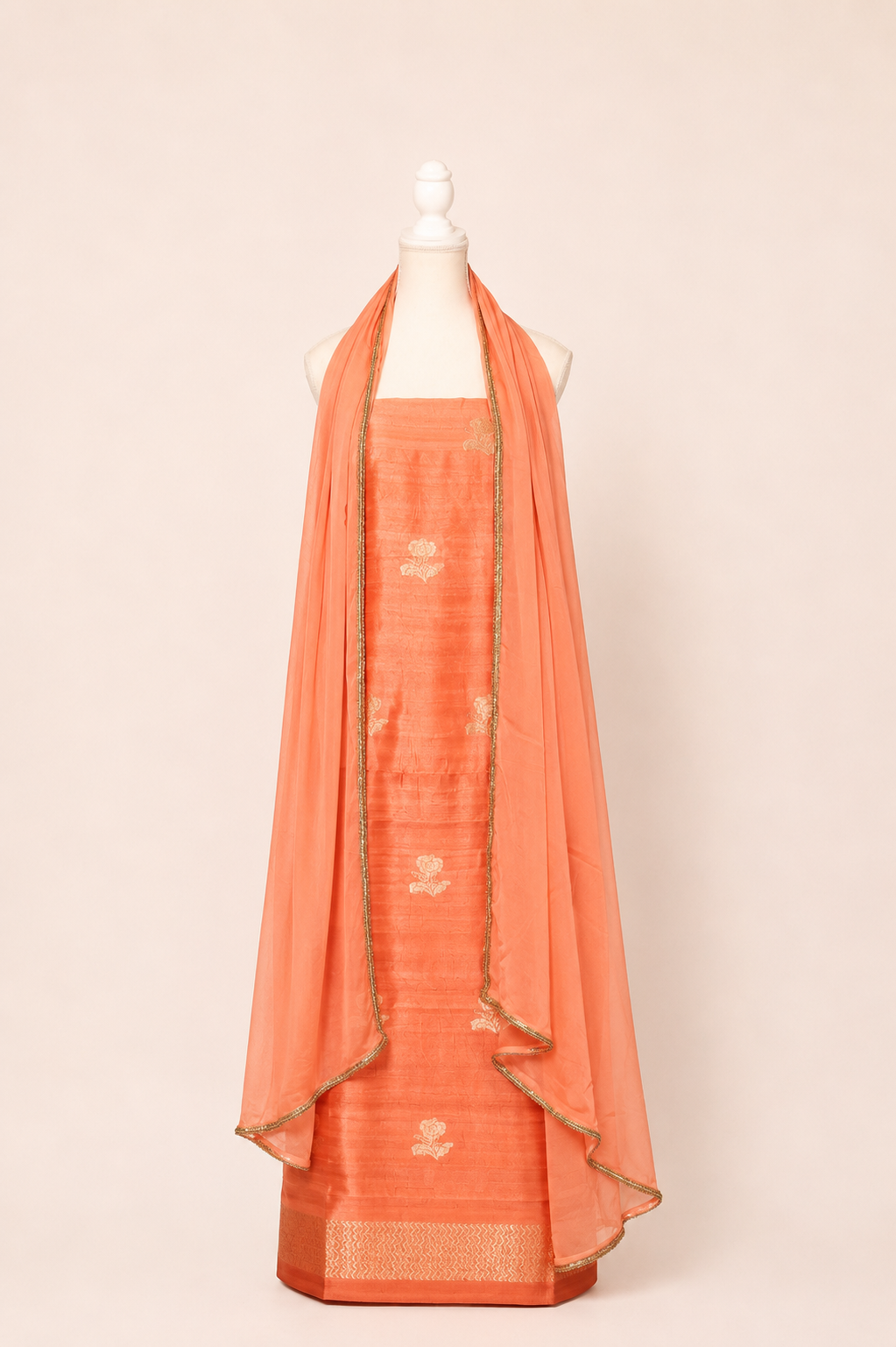 Pure tussar silk kurta with kadwa weaving,matching crepe bottom & chiffon dupatta with lace-peach