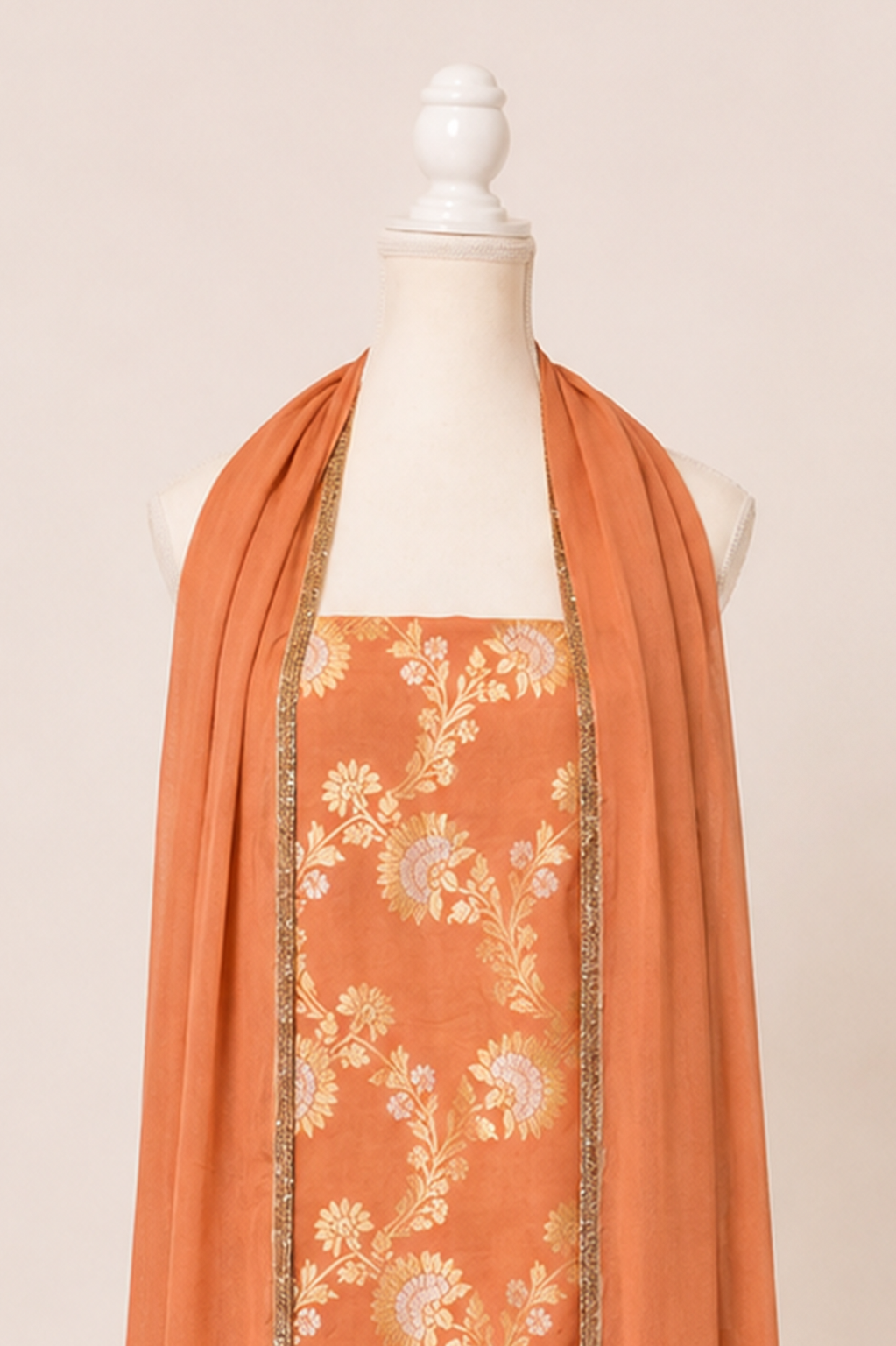 Pure tussar silk kurta with kadwa weaving,matching crepe bottom & chiffon dupatta with lace-peach