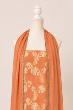 Pure tussar silk kurta with kadwa weaving,matching crepe bottom & chiffon dupatta with lace-peach