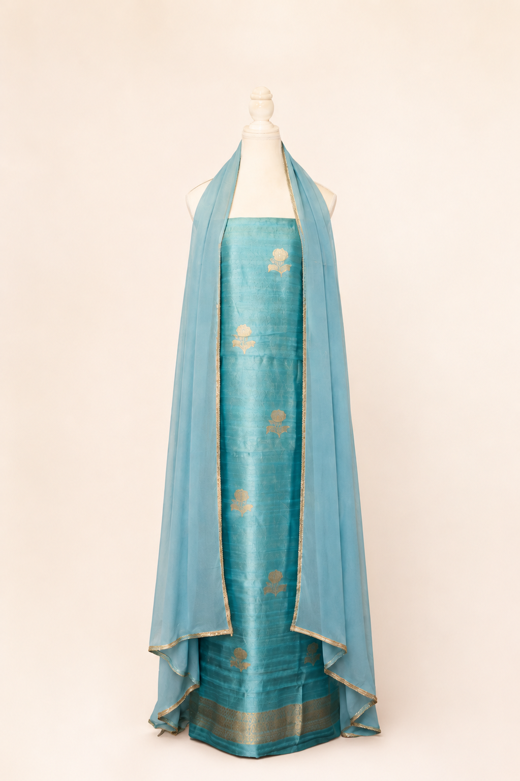 Pure tussar silk kurta with kadwa weaving,matching crepe bottom & chiffon dupatta with lace-light blue