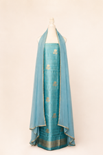 Pure tussar silk kurta with kadwa weaving,matching crepe bottom & chiffon dupatta with lace-light blue