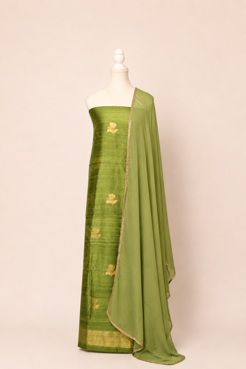 Pure tussar silk kurta with kadwa weaving,matching crepe bottom & chiffon dupatta with lace-olive green