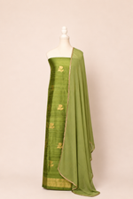Pure tussar silk kurta with kadwa weaving,matching crepe bottom & chiffon dupatta with lace-olive green