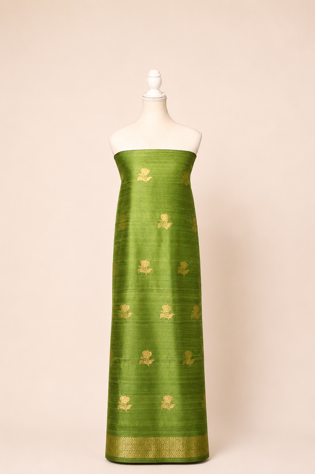 Pure tussar silk kurta with kadwa weaving,matching crepe bottom & chiffon dupatta with lace-olive green