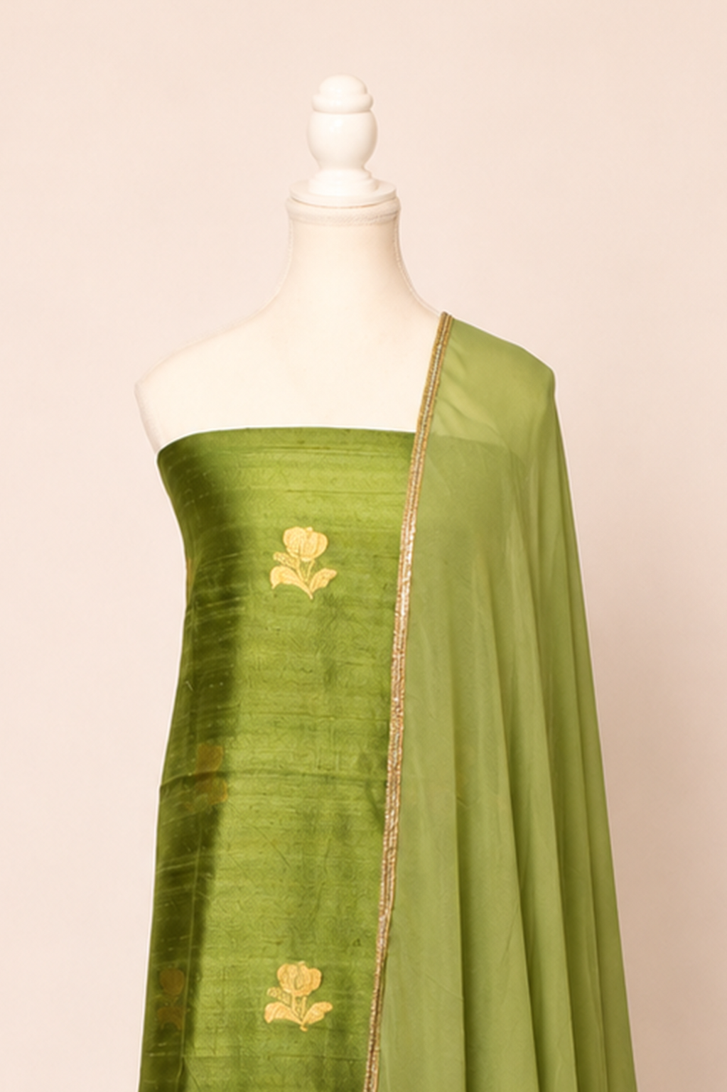 Pure tussar silk kurta with kadwa weaving,matching crepe bottom & chiffon dupatta with lace-olive green