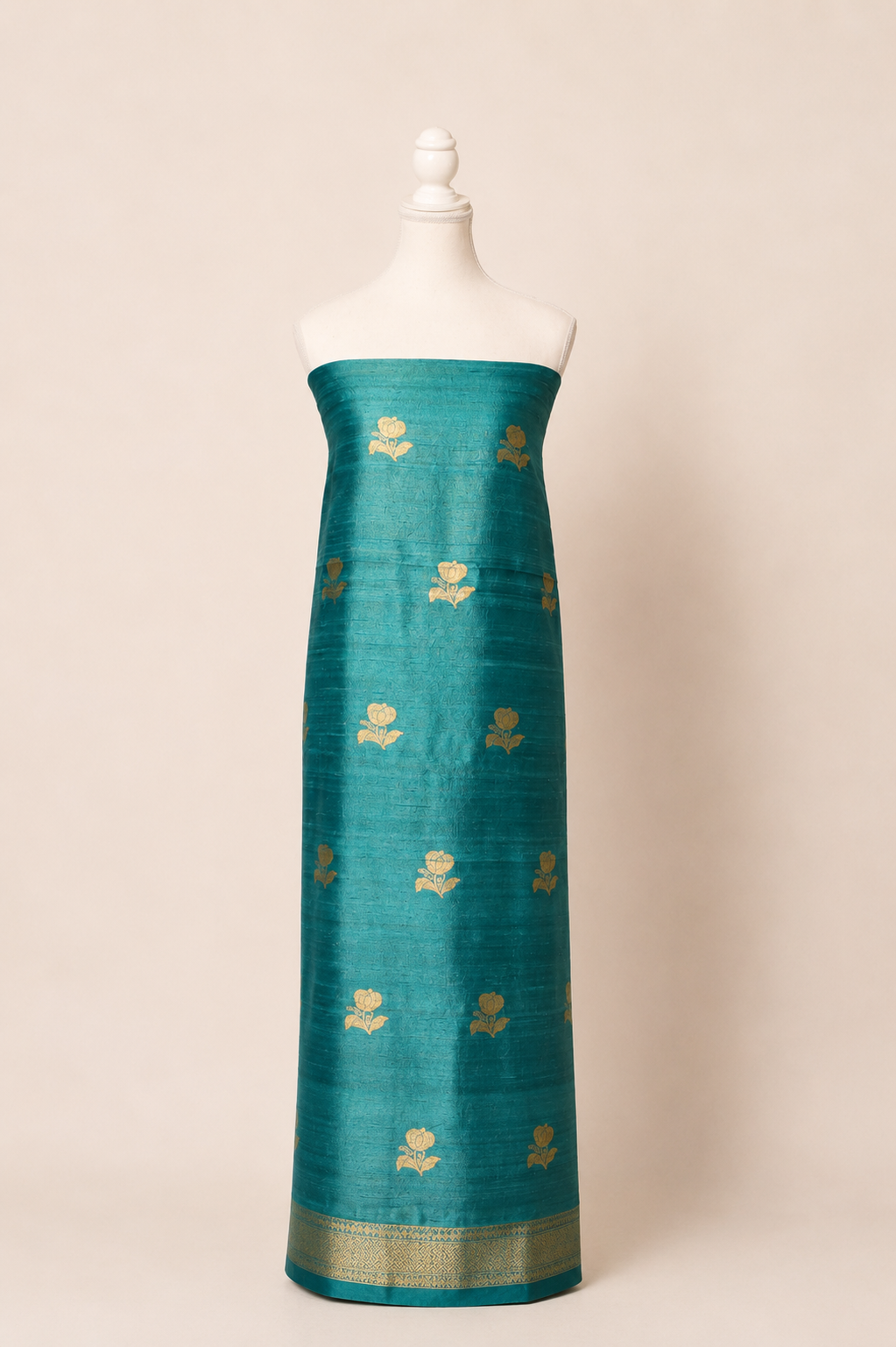 Pure tussar silk kurta with kadwa weaving,matching crepe bottom & chiffon dupatta with lace-turquoise blue