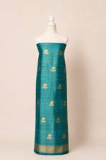 Pure tussar silk kurta with kadwa weaving,matching crepe bottom & chiffon dupatta with lace-turquoise blue