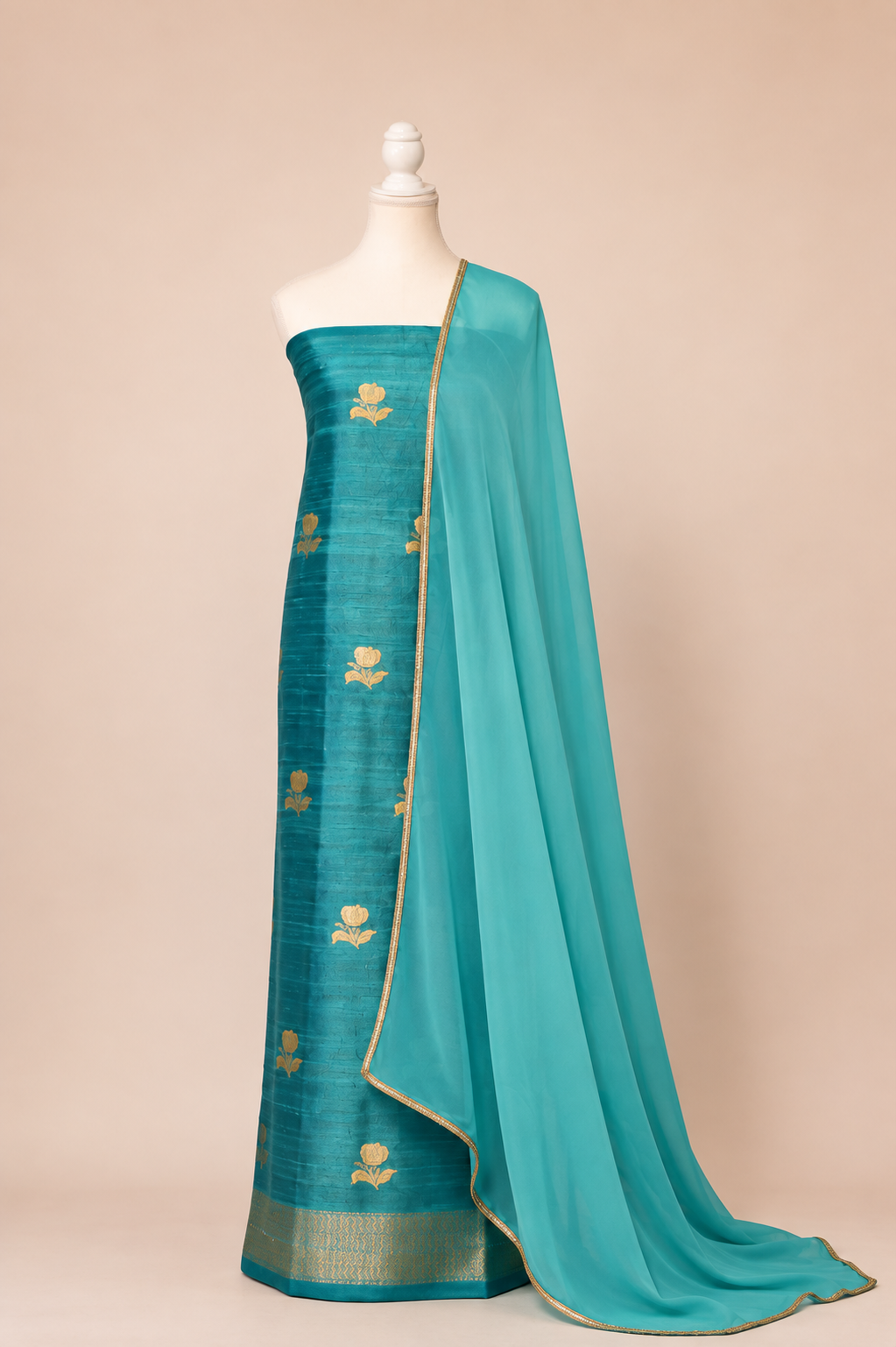 Pure tussar silk kurta with kadwa weaving,matching crepe bottom & chiffon dupatta with lace-turquoise blue