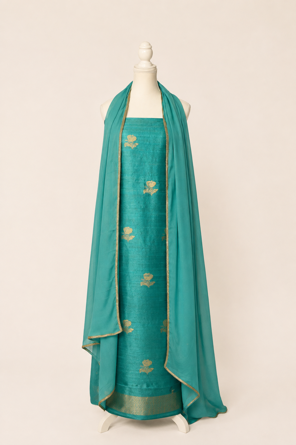 Pure tussar silk kurta with kadwa weaving,matching crepe bottom & chiffon dupatta with lace-turquoise blue