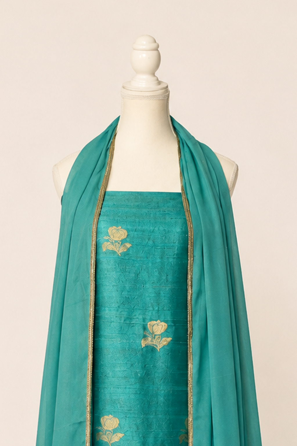 Pure tussar silk kurta with kadwa weaving,matching crepe bottom & chiffon dupatta with lace-turquoise blue
