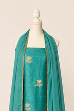 Pure tussar silk kurta with kadwa weaving,matching crepe bottom & chiffon dupatta with lace-turquoise blue