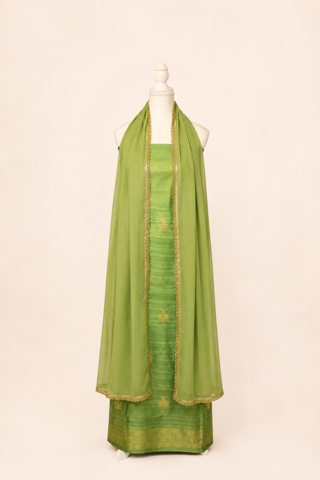 Pure tussar silk kurta with kadwa weaving,matching crepe bottom & chiffon dupatta with lace-Lime green