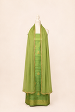Pure tussar silk kurta with kadwa weaving,matching crepe bottom & chiffon dupatta with lace-Lime green