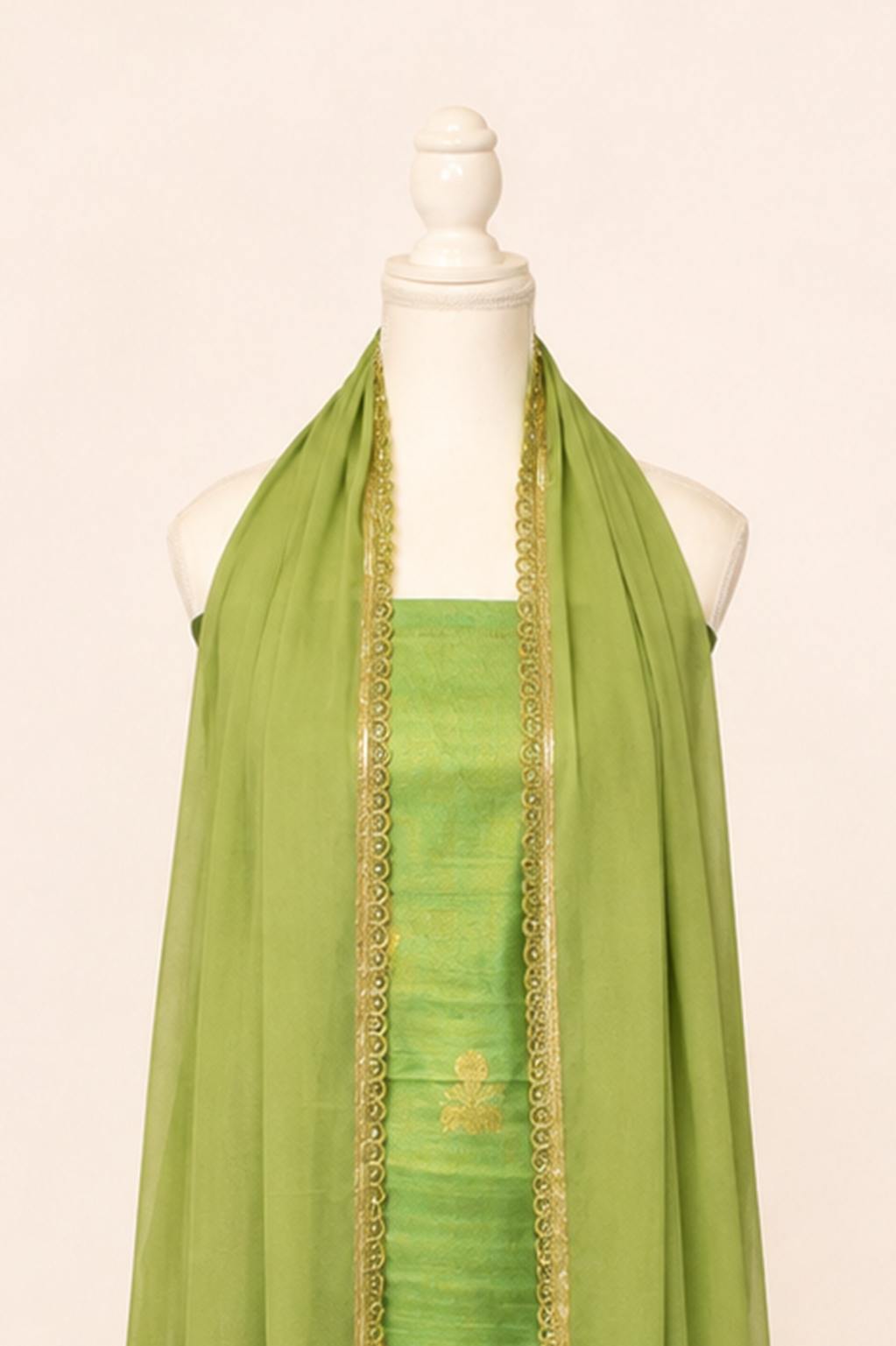 Pure tussar silk kurta with kadwa weaving,matching crepe bottom & chiffon dupatta with lace-Lime green