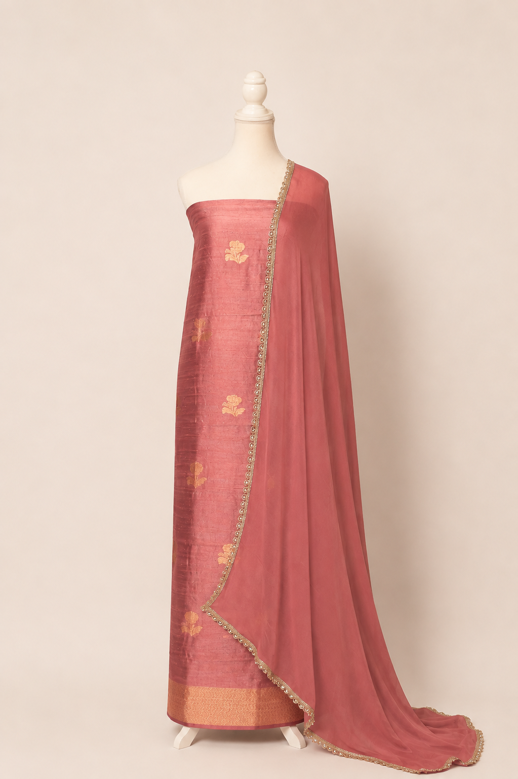 Pure tussar silk kurta with kadwa weaving,matching crepe bottom & chiffon dupatta with lace-onion pink