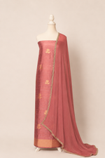 Pure tussar silk kurta with kadwa weaving,matching crepe bottom & chiffon dupatta with lace-onion pink