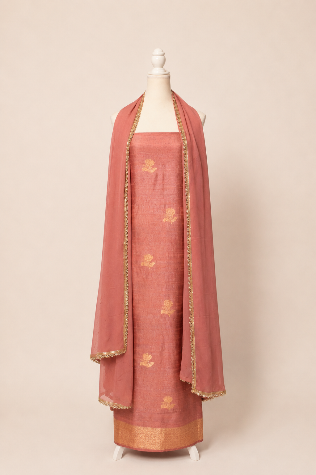 Pure tussar silk kurta with kadwa weaving,matching crepe bottom & chiffon dupatta with lace-onion pink