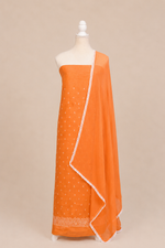 Pure handloom tussar linen kurta with embroidery, chiffon dupatta with lace & white bottom- peach