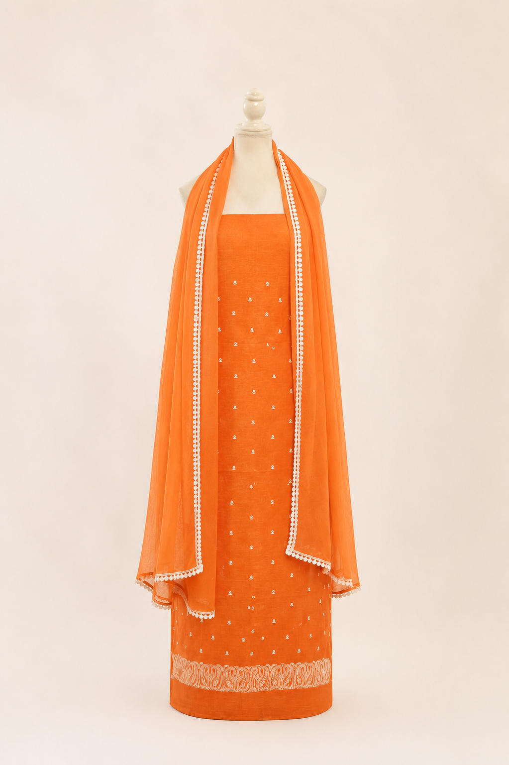Pure handloom tussar linen kurta with embroidery, chiffon dupatta with lace & white bottom- peach