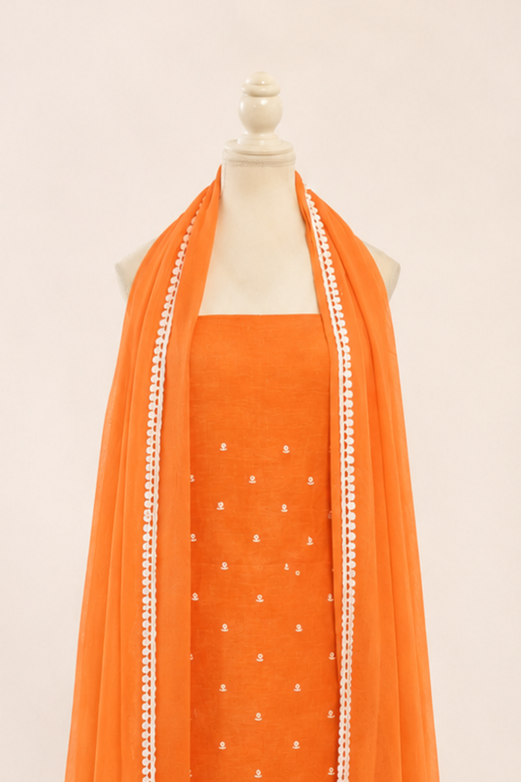 Pure handloom tussar linen kurta with embroidery, chiffon dupatta with lace & white bottom- peach