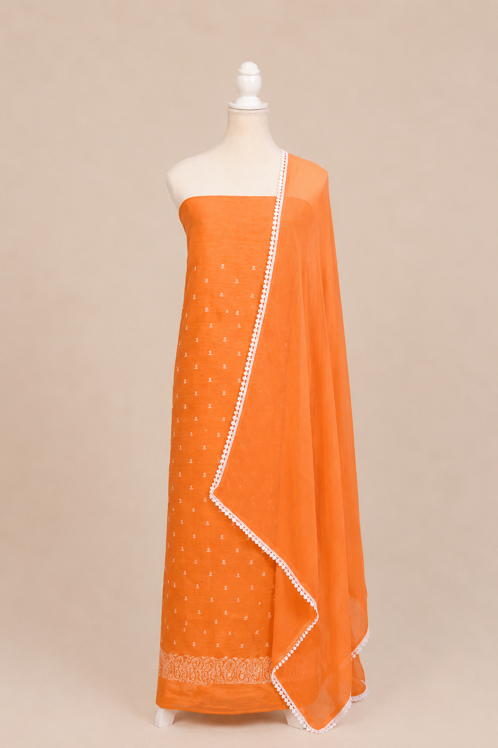 Pure handloom tussar linen kurta with embroidery, chiffon dupatta with lace & white bottom- peach