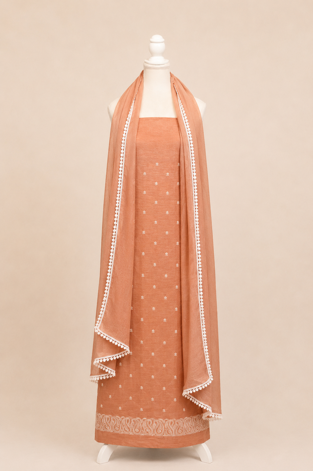 Pure handloom tussar linen kurta with embroidery, chiffon dupatta with lace & white bottom- light coffee